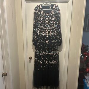 Mac Duggal Elegant Black and Pink Embroidered Long Sleeve Dress